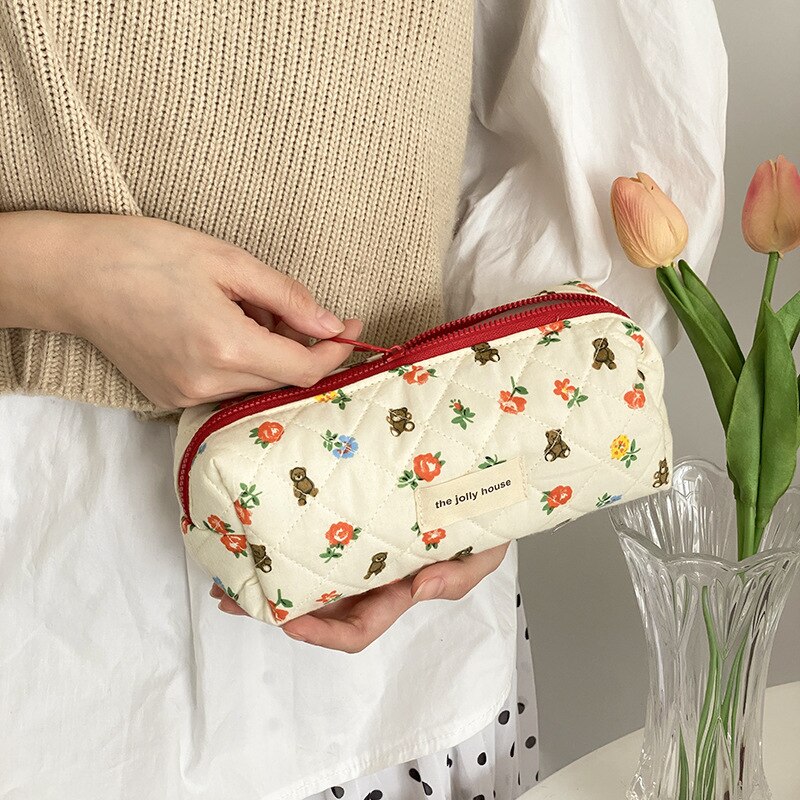 Bentoy Milkjoy Bear Flower Pattern Quilted Cotton Cloth Pen Bag Zipper Cosmetic Bags Make Up Case For Girl best gift for grils