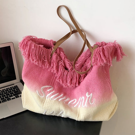 Gradient Letters Embroidery Tote Bag Woman Designer Tassel High Capacity Women Handbag Fashion Simple Canvas Shoulder Bag Lady