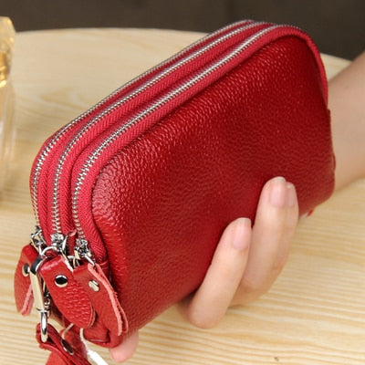 MJ Women Long Wallet Genuine Leather 3-Layer Zipper Purse Bag Large Capacity Wristlet Clutch Wallets Phone Bag Money Purses