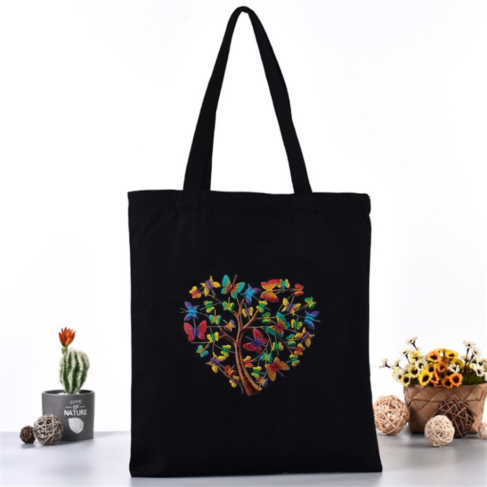 Women Canvas Shoulder Bag Fashion Butterfly Series Tote Shoppers Bags Eco Organizer Large Handbags Folding Grocery Shopping Pack