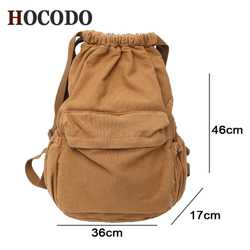 HOCODO Canvas Drawstring College Backpack Fashion Anti-Theft Backpack Solid Color Student Backpack Unisex Vintage Backpack Women