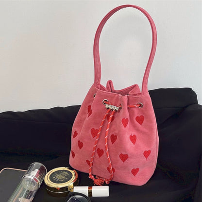 Sweet Heart Women Drawstring Shoulder Bag Embroidered Pattern Ladies Bucket Purse HandBags Retro Pink Female Plaid Messenger Bag