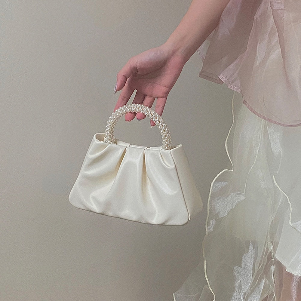 Elegant Pearl Evening Purse Clutch Bag Pleated Cloud Shoulder Crossbody Handbag for Ladies Fashionable Decoration