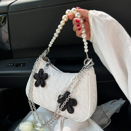 Retro Women&#39;s Handbag Black and White Flower Bubble Jacquard Underarm Bag Fold Handbag Simple Shoulder Bag Hot Pearl Chain Bags