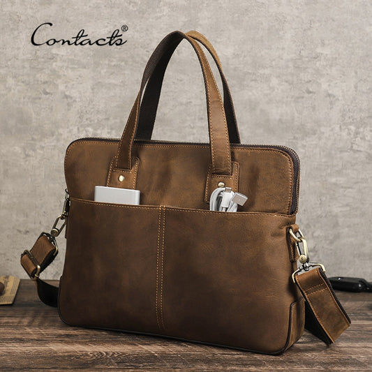 CONTACT&#39;S Genuine Leather Men Briefcase Vintage Laptop Handbag Casual Shoulder Bag Large Capacity Messenger for Macbook 13&#39;&#39;16&#39;&#39;