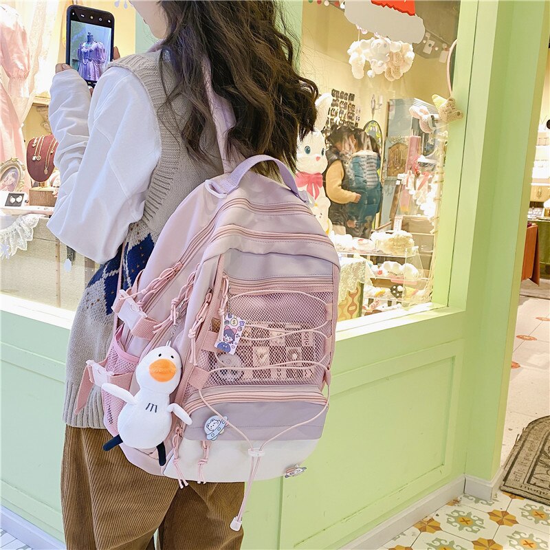DCIMOR New Panelled Nylon Women Backpack Fashion Girl Badge Waterproof Travel Mesh College Bookbag Kawaii Drawstring School Bag