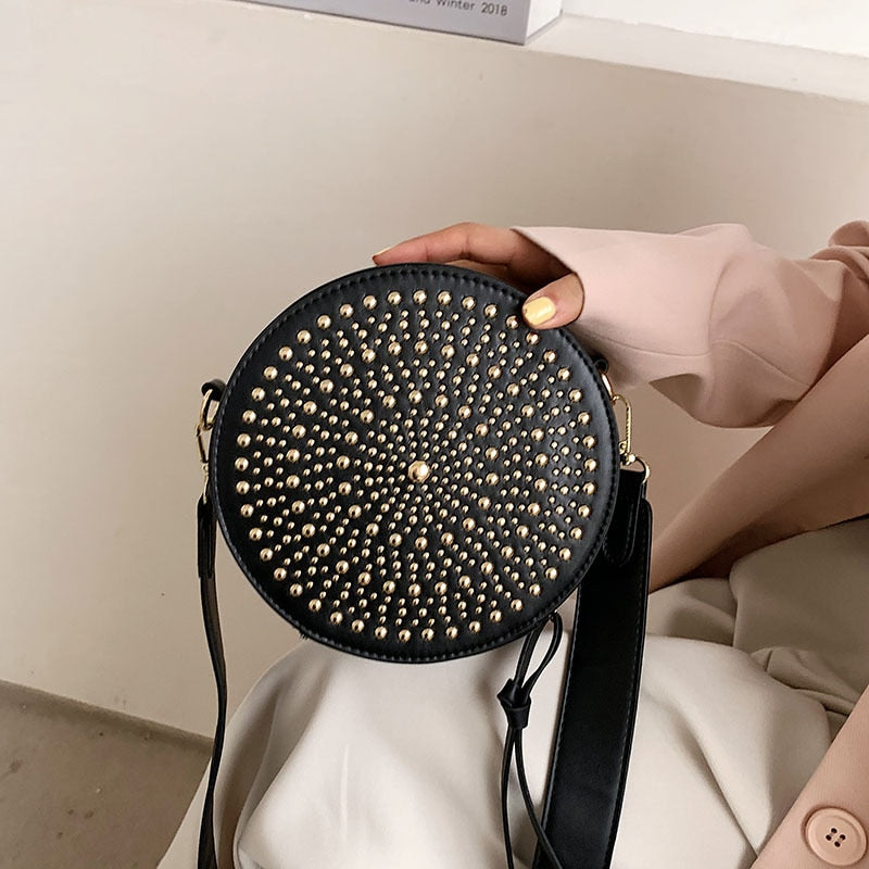 Annmouler Brand Women Shoulder Bag Small Rivet Round Bag Pu Leather Black Crossbody Bag High Quality bolsa feminina Girls Purse