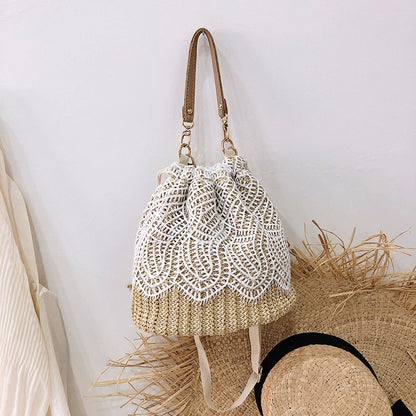 Women&#39;s Crossbody Bag Bohemian Summer Straw Beach Bags Lace Female Handbag Pearl Shoulder Messenger Bags Drawstring Bucket Bag