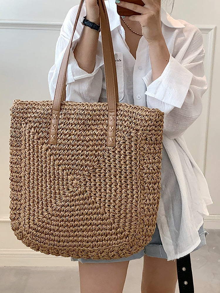 Summer Woven Women&#39;s Bag Large Capacity Straw Woman Shopper Beach Handmade Design Handbags For Women Fashion Female Shoulder Bag
