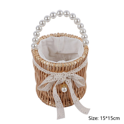 Casual Summer Rattan Woven Women Shoulder Crossbody Bags Fashion Pearl Chain Basket Drawstring Ladies Small Top-handle Handbags