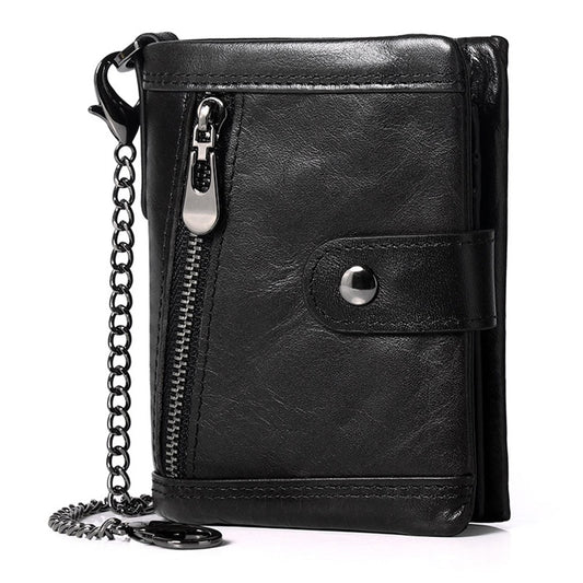 Men&#39;s Vertical Zipper Chain Wallet Vintage Genuine Leather Wallet for Men RFID Blocking Business ID Credit Card Holder Purse