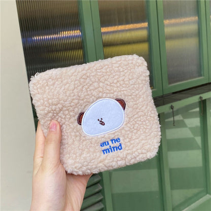 Cartoon Women Sanitary Napkin Bag Flannel Embroidery Storage Bag Bear Coin Purse Key Pouch Student Plush Card Holder Case Pocket