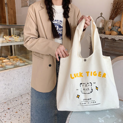 Women&#39;s Canvas Tote Bags Korean Students Shoulder Cotton Cloth Shopping Bag Eco Shoppers Cartoon Tiger Female Handbag for School