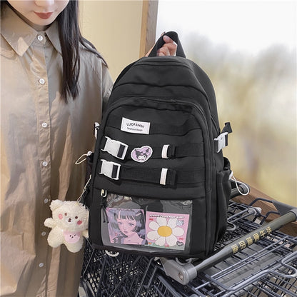 Transparent Pocket Nylon Women Backpack Fashionable Girl Buckled Travel Bag Female Cool Back Pack Student Lady Schoolbag Bookbag