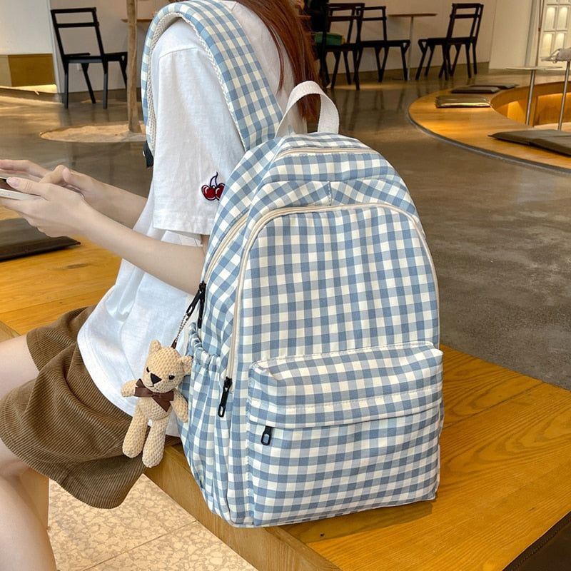 HOCODO Cotton Plaid Women Backpack Japanese Kawaii Schoolbag For Teenage Girls Cute Travel Rucksack Cute Student Bookbag Mochila
