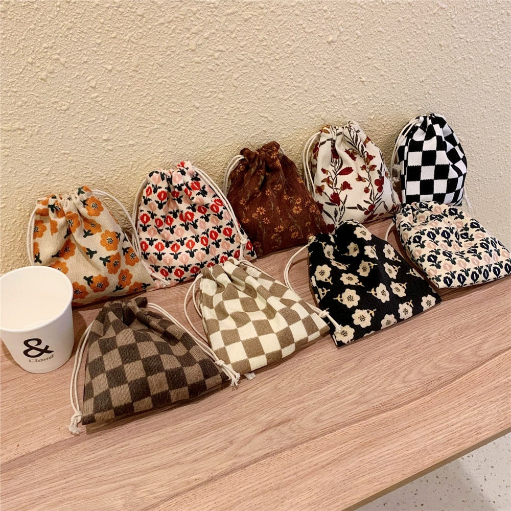 Retro Grid Floral Makeup Toiletry Drawstring Bags Women Finishing Storage Pouch Korea Ins Cosmetic Bag Gift Jewelry Organizer