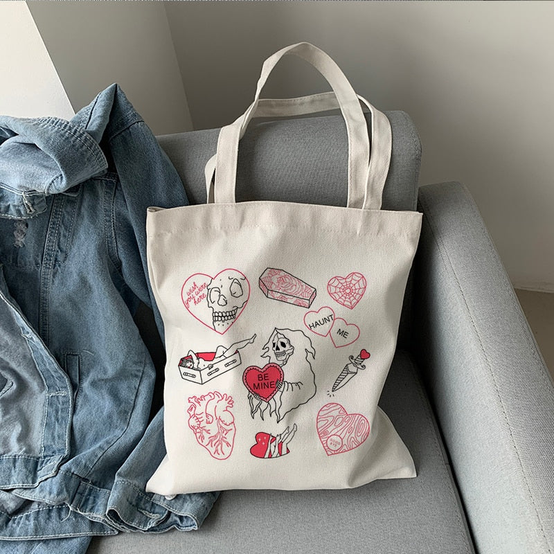 Korea Ulzzang Ins Heart Harajuku Women Shoulder Bag Art Gothic School Bag Y2k Anime Canvas Bag Large Capacity Casual Shopper Bag