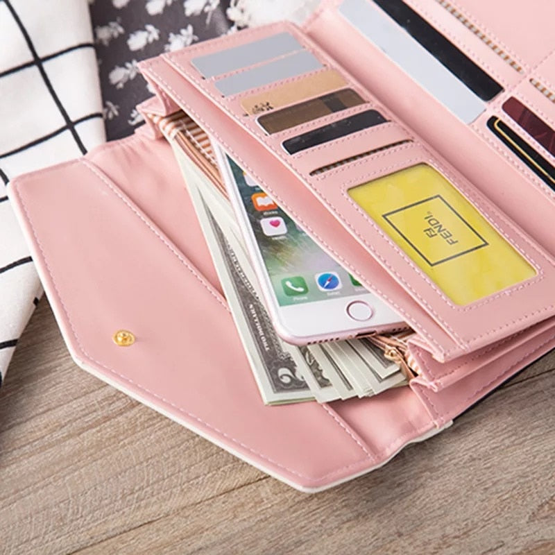 Women Envelope Floral Long Wallet Hit Color Tri-fold Flowers Printing Female  Pu Leather Hasp Coin Purses Lady Clutch Phone Bag