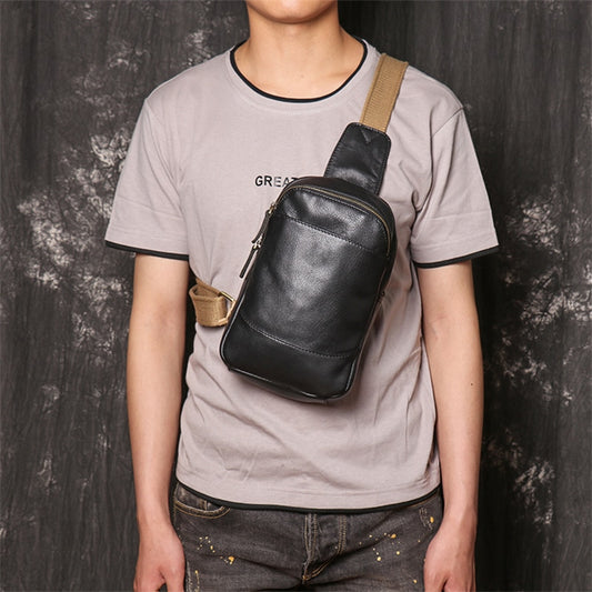 Fashion Men&#39;s Genuine Leather Chest Bag Casual Retro Shoulder Bag Man Simple Outdoor Sports Black Sing Bags