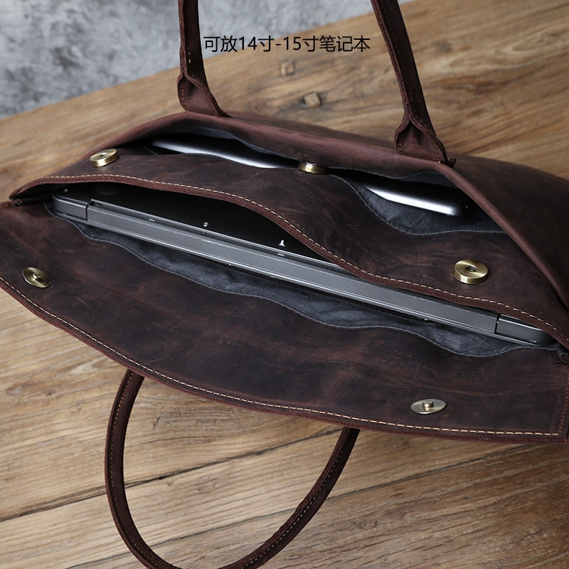 NZPJ Retro Men&#39;s Briefcase Leather Casual HandbagTop Layer Cowhide Business Tablet Bag Thin Clutch For 16-Inch Laptop