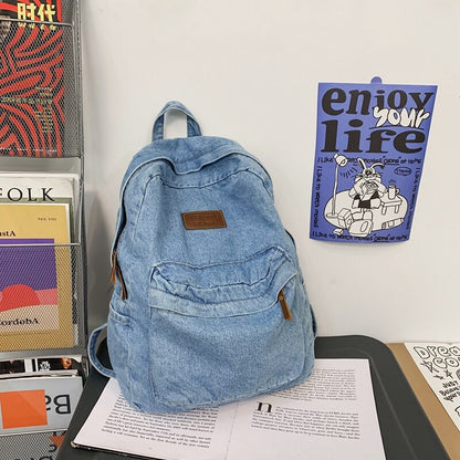Fashion Washed Denim Women Travel Backpack Mochila Solid Color Shopping Bag Teenagers School Bags Large Bookbag Bolsas Femenina