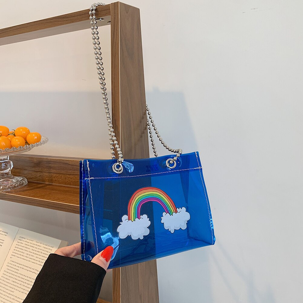 Cartoon Rainbow PVC Shoulder Bags Women Clear Casual Chain Small Jelly Bags Crossbody Handbags for Girl Purse Messenger Hand Bag