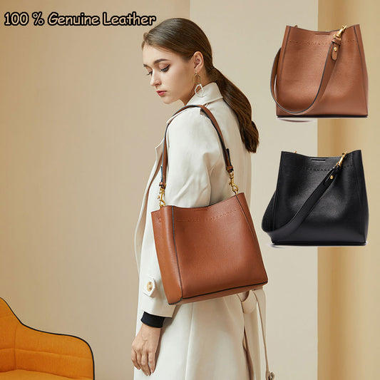 Women's Vintage Large Capacity Bucket Bag Genuine Leather Wide Strap Crossbody Shoulder Bags Designer Handbag Lady Soft Tote Bag