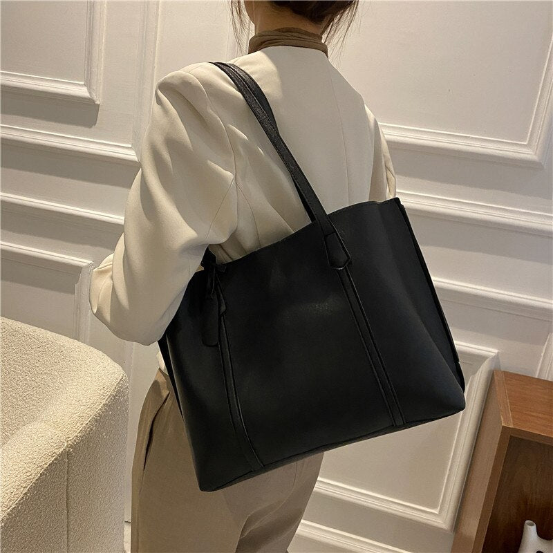 Fashion Women&#39;s PU Large Capacity Shopping Travel Shoulder Tote Bag Casual Student Simple Book Notebook Commuter Handbag Purses