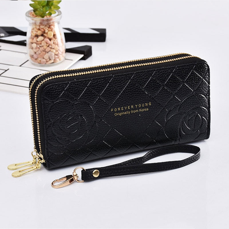 Fashion Women Wallets Dull Polish Leather Wallet Double Zipper Day Clutch Purse Wristlet Portefeuille Handbags Carteira Feminina