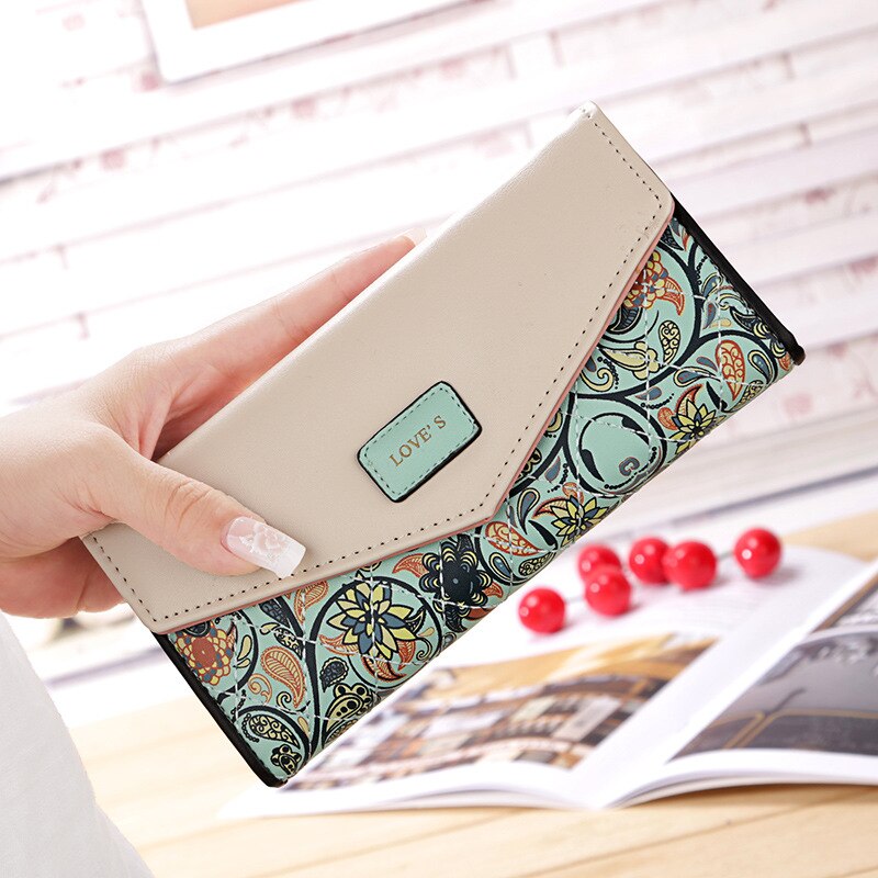 Women Envelope Floral Long Wallet Hit Color Tri-fold Flowers Printing Female  Pu Leather Hasp Coin Purses Lady Clutch Phone Bag