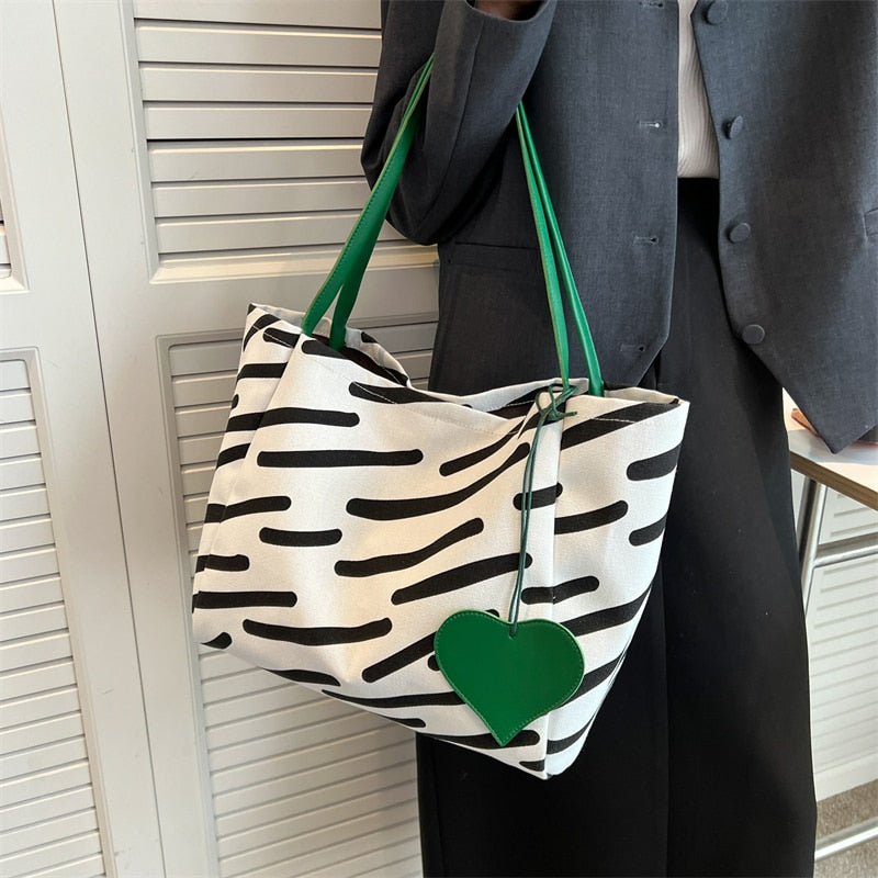 Women Canvas Shoulder Bag Zebra Stripes Print Ladies Casual Handbag Tote bag Large Capacity Cotton Reusable Shopping Beach Bag