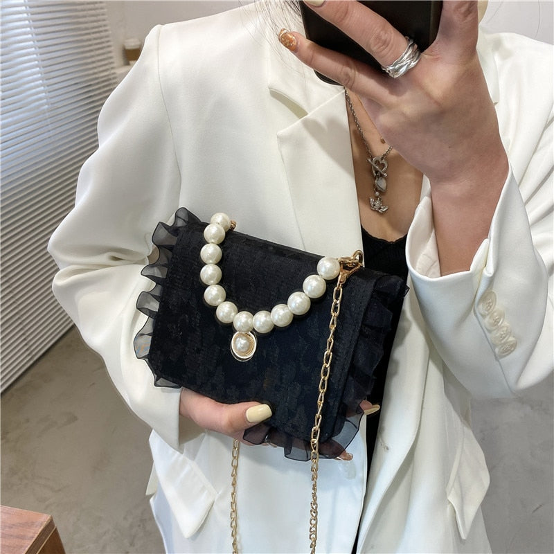 Vintage Lace Women Elegant Shoulder Bags Retro Pearl Handle Ladies Crossbody Bag Female Chain Flap Square Purses and Handbags
