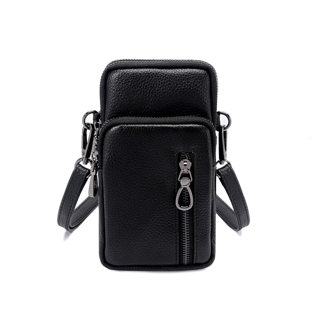 Ellovado Genuine Leather Mobile Phone Mini Bags Practical Multi Zipper Shoulder Bag Coin Purse Phone Bag Woman Crossbody Bag