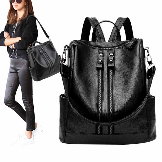 Women&#39;s Fashion Black Leather Backpack Multi-Pocket Large Capacity Soft Leisure Bag for Outdoor Travel