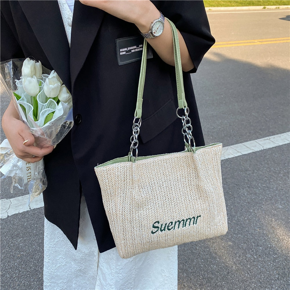 Straw Shoulder Bags for Women Large Capacity Handmade Woven Tote Bags Casual Seaside Beach Ladies Underarm Bags Vacation Handbag