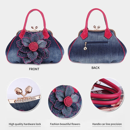 Fashion Women Vintage Roses Flowers Shoulder Bag Female Casual Handbag Girl Denim Messenger Bags Luxury Brand Handbags