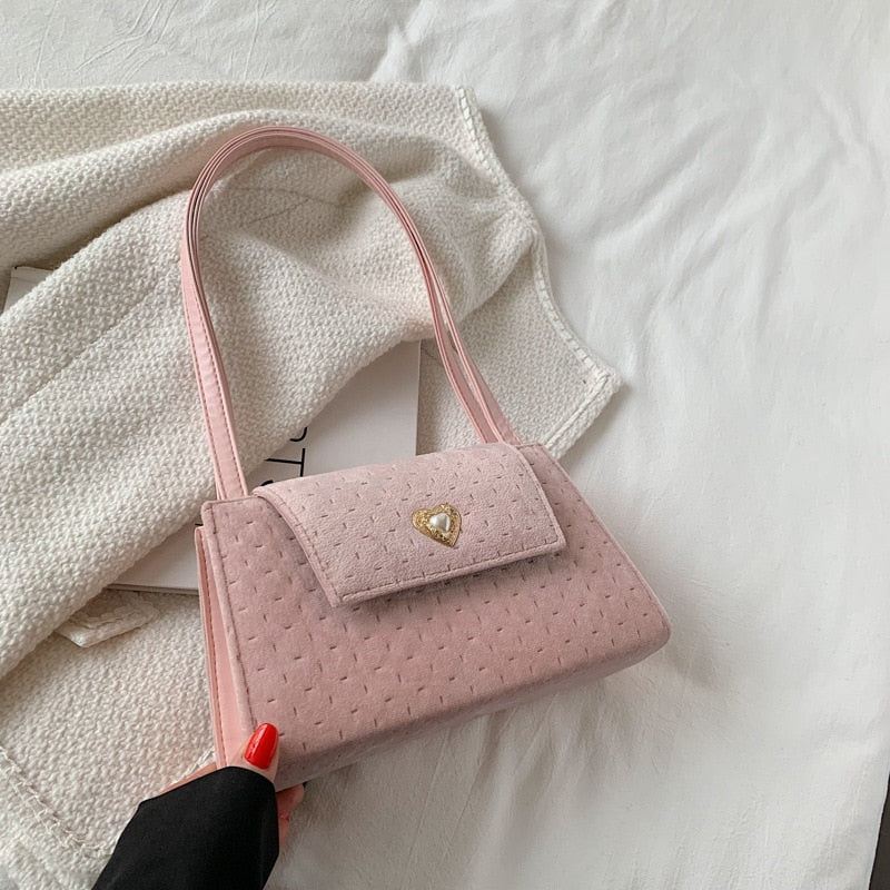 Retro Love Women&#39;s Handbags Underarm Bag Velvet Pink Heart Ladies Small Square Shoulder Bags Simple Female Small Tote Purse Bag
