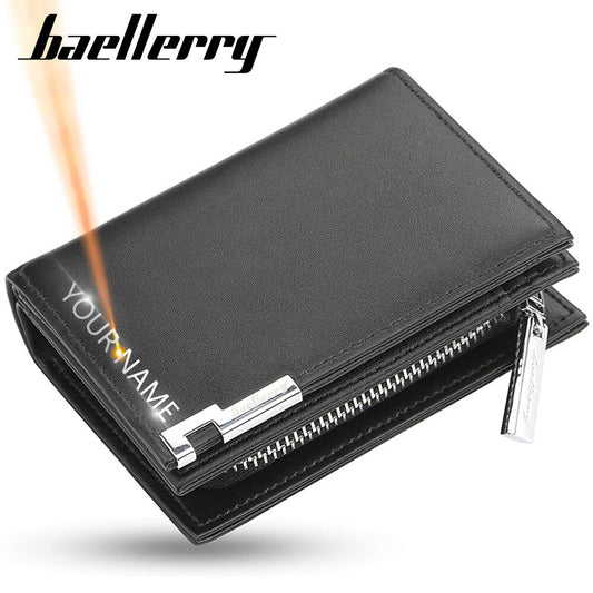 Baellerry Classic Men Wallet Name Engrave Card Holders Men Purse Zipper Short High Quality Business Male Purse