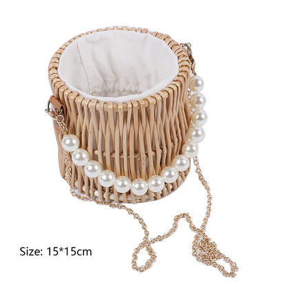 Casual Summer Rattan Woven Women Shoulder Crossbody Bags Fashion Pearl Chain Basket Drawstring Ladies Small Top-handle Handbags