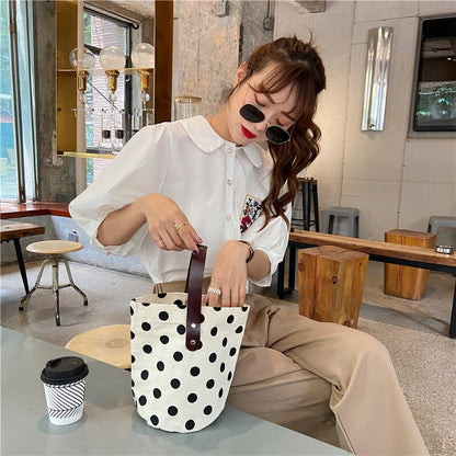 French Retro Dot Women Canvas Handbags Fashion Smiley Ladies Picnic Bucket Bag Reusable Cotton Portable Lunch Box Bags Purses