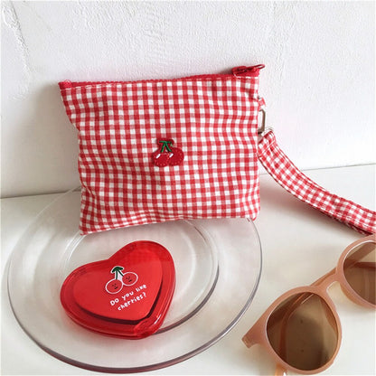 1 Pc Ins Cherry Red Plaid Makeup Lipstick Bag Young Girls Sweet Clutch Make Up Wrist Pouch For Women Travel Cosmetic Case Bag