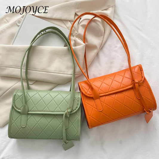 Women Solid Color Flap Purse Chain Design Luxury Hand Bag Female Travel Retro Ladies Lattice Pattern PU Underarm Bag