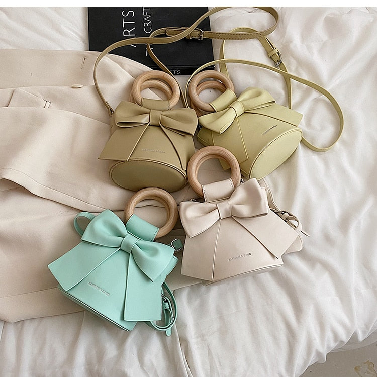 Cute Bow Barrel Shaped Handbags Luxury Fashion Designer PU Leather Women's Shoulder Crossbody Bag small Lady totes phone bag