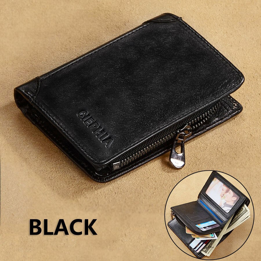 Genuine Leather Wallets for Men Vintage Short Multi Function Business Purse RFID Blocking Zipper ID Credit Card Holder Money Bag