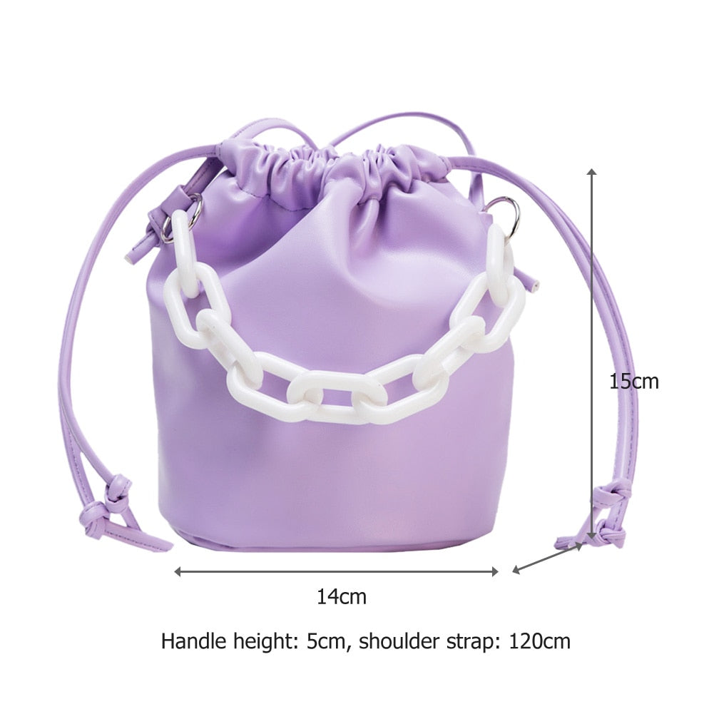 Drawstring Shoulder Bag Women PU Chain Bucket Handbags Female Solid Color Purse Youth Ladies Simple Versatile Bag