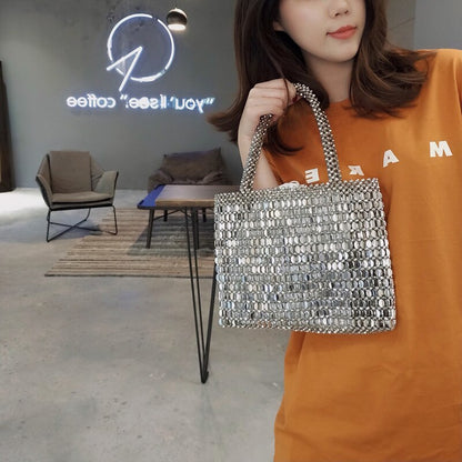 New Handwoven Beaded Women&#39;s Shoulder Bag Fashion Retro Metal Shiny Female Handbag Designer Sequin Pearl Drawstring Shopping Bag