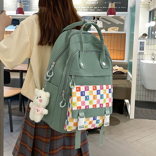 Fashion Contrast Pattern Women&#39;s Backpack Cute Keychain Pendant Student Bag Large Capacity Waterproof Nylon Travel Backpack