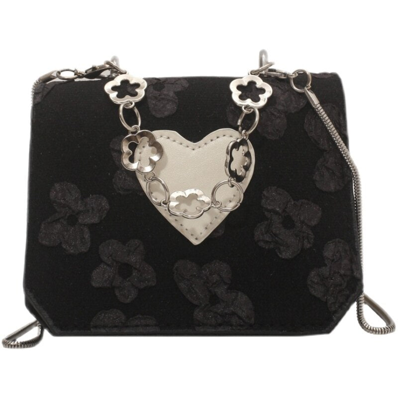Simple Black Shoulder Bag for Women Floral Stitching Ladies Messenger Bags Peach Heart Flap Female Small Square Purse Handbags