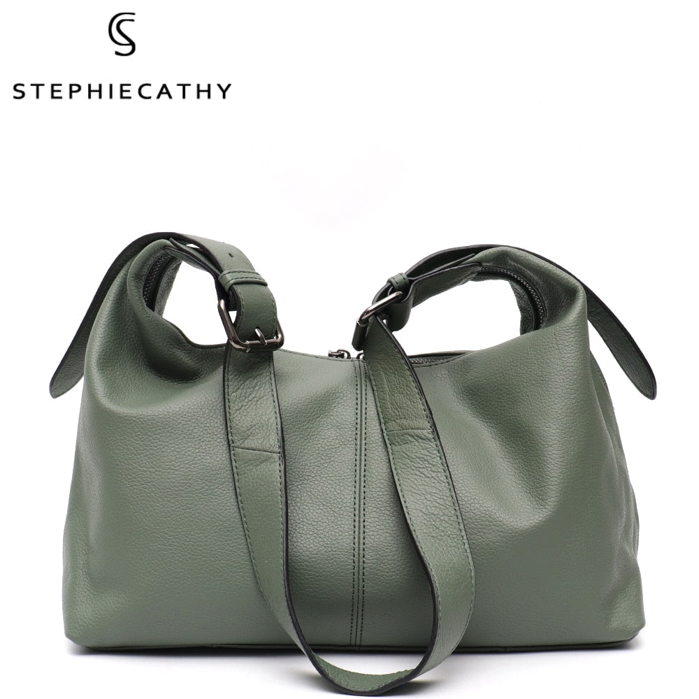 SC Luxury Women Cowhide Crossbody Bag Large Casual Shoulder Purse Wide Strap Handbag Female Daily 100% Genuine Leather Hobo Sack