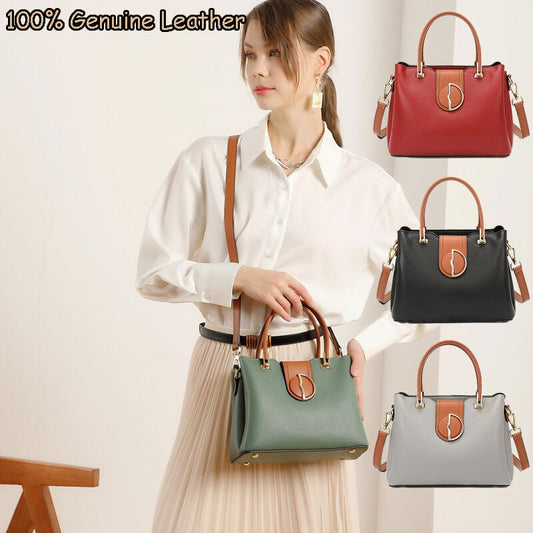 Women's Genuine Leather Tote Bag Contrast Color High Capacity Shoulder Bags Ladies Lychee Pattern Crossbody Bags Luxury Handbags